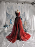 Load image into Gallery viewer, Red and Black Ombre Tulle Style Gown, Off Shoulder Formal Dress with Dramatic Train, Made to Measure