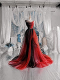 Load image into Gallery viewer, Red and Black Ombre Tulle Style Gown, Off Shoulder Formal Dress with Dramatic Train, Made to Measure