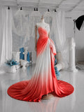 Load image into Gallery viewer, Coral and White Ombre Strapless Gown with Draped Skirt, Formal Occasion Dress, Made to Measure