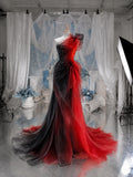 Load image into Gallery viewer, Red and Black One Shoulder Gown with Layered Ruffle Detail, Dramatic Formal Dress, Made to Measure