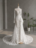Load image into Gallery viewer, White Long Sleeve Lace Pattern Wedding Dress, High Neck Mermaid Bridal Gown, Made to Measure