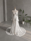 Load image into Gallery viewer, White Long Sleeve Lace Pattern Wedding Dress, High Neck Mermaid Bridal Gown, Made to Measure