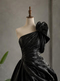 Load image into Gallery viewer, Black One Shoulder Evening Gown with Oversized Rosette, Draped Formal Dress, Made to Measure