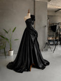 Load image into Gallery viewer, Black One Shoulder Evening Gown with Oversized Rosette, Draped Formal Dress, Made to Measure