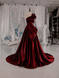 Load image into Gallery viewer, Burgundy One Shoulder Evening Gown with Floral Detail, Draped Formal Dress, Made to Measure