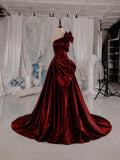 Load image into Gallery viewer, Burgundy One Shoulder Evening Gown with Floral Detail, Draped Formal Dress, Made to Measure