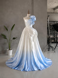 Load image into Gallery viewer, Light Blue Ombre Strapless Gown with Oversized Rosette, Romantic Formal Dress, Made to Measure