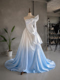 Load image into Gallery viewer, Light Blue Ombre Off Shoulder Gown with Sculptural Draping, Formal Dress, Made to Measure