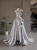 Load image into Gallery viewer, Silver One Shoulder Gown with Oversized Bow Detail, Sculptural Formal Dress, Made to Measure