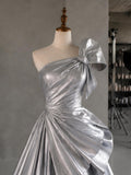 Load image into Gallery viewer, Silver One Shoulder Gown with Oversized Bow Detail, Sculptural Formal Dress, Made to Measure