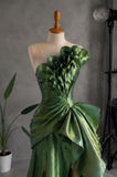 Load image into Gallery viewer, Green Strapless Floral Gown with Sculptural Bodice, Draped Formal Dress, Made to Measure