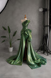 Load image into Gallery viewer, Green Strapless Floral Gown with Sculptural Bodice, Draped Formal Dress, Made to Measure