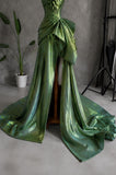 Load image into Gallery viewer, Green Strapless Floral Gown with Sculptural Bodice, Draped Formal Dress, Made to Measure
