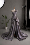Load image into Gallery viewer, Gray Strapless Sculptural Gown with Fan Fold Detail, Draped Formal Dress, Made to Measure