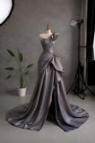 Load image into Gallery viewer, Gray Strapless Sculptural Gown with Fan Fold Detail, Draped Formal Dress, Made to Measure