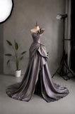 Load image into Gallery viewer, Gray Strapless Sculptural Gown with Fan Fold Detail, Draped Formal Dress, Made to Measure
