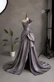 Load image into Gallery viewer, Gray Strapless Sculptural Gown with Fan Fold Detail, Draped Formal Dress, Made to Measure