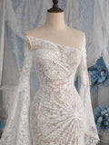 Load image into Gallery viewer, White Lace Pattern Wedding Dress with Draped Overlay, Off Shoulder Bridal Gown, Made to Measure