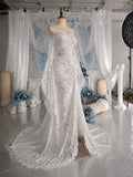 Load image into Gallery viewer, White Lace Pattern Wedding Dress with Draped Overlay, Off Shoulder Bridal Gown, Made to Measure