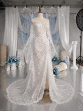 Load image into Gallery viewer, White Lace Pattern Wedding Dress with Draped Overlay, Off Shoulder Bridal Gown, Made to Measure