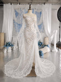 Load image into Gallery viewer, White Lace Pattern Wedding Dress with Draped Overlay, Off Shoulder Bridal Gown, Made to Measure