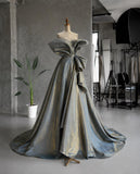 Load image into Gallery viewer, Gray Sculptural Off Shoulder Gown with Folded Petal Neckline, Formal Dress, Made to Measure