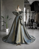 Load image into Gallery viewer, Gray Sculptural Off Shoulder Gown with Folded Petal Neckline, Formal Dress, Made to Measure
