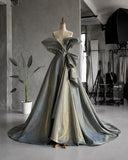 Load image into Gallery viewer, Gray Sculptural Off Shoulder Gown with Folded Petal Neckline, Formal Dress, Made to Measure