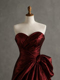 Load image into Gallery viewer, Deep Red Strapless Sweetheart Formal Gown with Sculpted Draping and Dramatic Side Bow Detail
