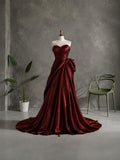 Load image into Gallery viewer, Deep Red Strapless Sweetheart Formal Gown with Sculpted Draping and Dramatic Side Bow Detail