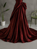 Load image into Gallery viewer, Deep Red Strapless Sweetheart Formal Gown with Sculpted Draping and Dramatic Side Bow Detail