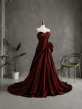 Load image into Gallery viewer, Deep Red Strapless Sweetheart Formal Gown with Sculpted Draping and Dramatic Side Bow Detail