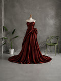 Load image into Gallery viewer, Deep Red Strapless Sweetheart Formal Gown with Sculpted Draping and Dramatic Side Bow Detail