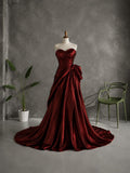 Load image into Gallery viewer, Deep Red Strapless Sweetheart Formal Gown with Sculpted Draping and Dramatic Side Bow Detail