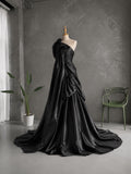 Load image into Gallery viewer, Black One Shoulder Formal Gown with Oversized Bow, Ruched Bodice and Dramatic Draped Silhouette
