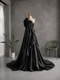 Load image into Gallery viewer, Black One Shoulder Formal Gown with Oversized Bow, Ruched Bodice and Dramatic Draped Silhouette