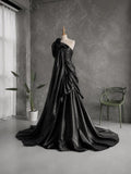 Load image into Gallery viewer, Black One Shoulder Formal Gown with Oversized Bow, Ruched Bodice and Dramatic Draped Silhouette