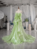Load image into Gallery viewer, Pale Green Strapless Sculptural Gown with Oversized Floral Ruffles, Dramatic Formal Evening Dress, Made to Measure