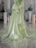 Load image into Gallery viewer, Pale Green Strapless Sculptural Gown with Oversized Floral Ruffles, Dramatic Formal Evening Dress, Made to Measure