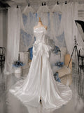Load image into Gallery viewer, White One Shoulder Formal Gown with Ruched Bodice, Sculptural Side Bow and Asymmetrical Draped Silhouette