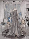 Load image into Gallery viewer, Silver One Shoulder Gown with Draped Bodice Oversized Bow High Slit Formal Evening Dress