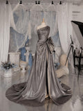 Load image into Gallery viewer, Silver One Shoulder Gown with Draped Bodice Oversized Bow High Slit Formal Evening Dress