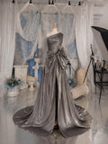 Load image into Gallery viewer, Silver One Shoulder Gown with Draped Bodice Oversized Bow High Slit Formal Evening Dress