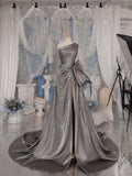Load image into Gallery viewer, Silver One Shoulder Gown with Draped Bodice Oversized Bow High Slit Formal Evening Dress