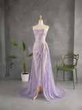 Load image into Gallery viewer, Lavender Strapless Gown with Sweetheart Neckline, Draped Hip Detail and High Slit Formal Evening Dress