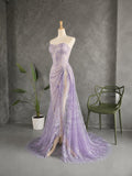 Load image into Gallery viewer, Lavender Strapless Gown with Sweetheart Neckline, Draped Hip Detail and High Slit Formal Evening Dress