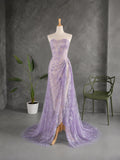 Load image into Gallery viewer, Lavender Strapless Gown with Sweetheart Neckline, Draped Hip Detail and High Slit Formal Evening Dress