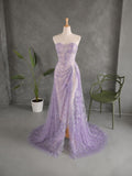 Load image into Gallery viewer, Lavender Strapless Gown with Sweetheart Neckline, Draped Hip Detail and High Slit Formal Evening Dress