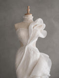 Load image into Gallery viewer, White Sculptural One Shoulder Gown Asymmetric Pleated Bridal Dress with Dramatic Ruffled Statement Silhouette