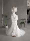 Load image into Gallery viewer, White Sculptural One Shoulder Gown Asymmetric Pleated Bridal Dress with Dramatic Ruffled Statement Silhouette